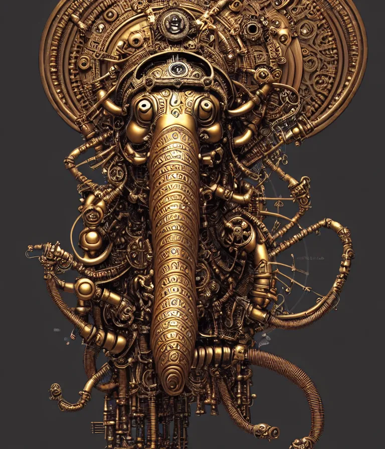 Image similar to steampunk cybernetic biomechanical indian god ganesha, front facing, symmetric, 3 d model, very coherent symmetrical artwork, unreal engine realistic render, 8 k, micro detail, intricate, elegant, highly detailed, centered, digital painting, artstation, smooth, sharp focus, illustration, artgerm, tomasz alen kopera, wlop