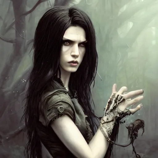 Image similar to portrait painting of an androgynous witch with shoulder length flowing black hair pale skin and beautiful dark brown eyes wearing a punk clothes, ultra realistic, concept art, intricate details, eerie, highly detailed, photorealistic, octane render, 8 k, unreal engine. art by artgerm and greg rutkowski and magali villeneuve