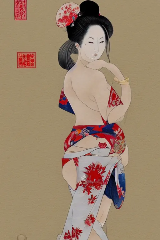 Prompt: extremely sensual geisha full body, seductive pose, uncovered shoulder, different point of view, digital art, 8k, character, realistic, portrait, photorealism, japan watercolour, masterpiece art