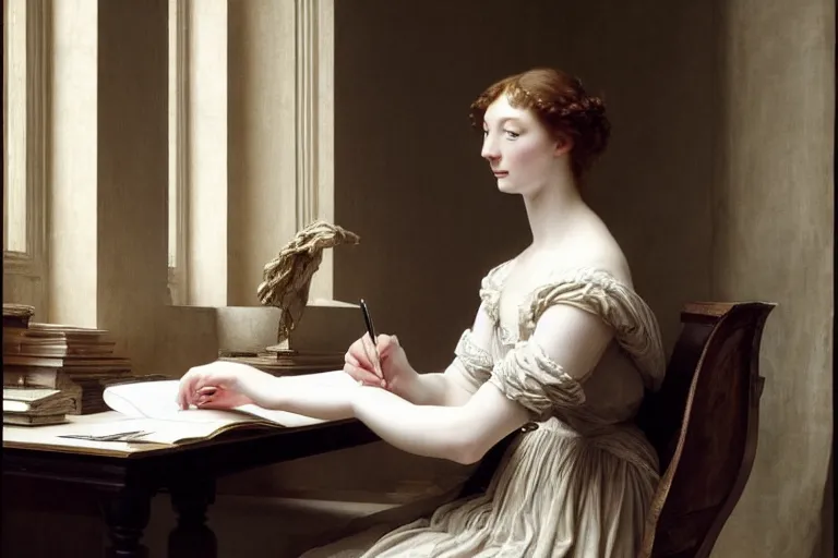 Prompt: 1 8 1 0 s eleanor tomlinson at her desk by vittorio reggianini, bright lighting, perfectly detailed eyes, beautiful hands, pale skin, clear face