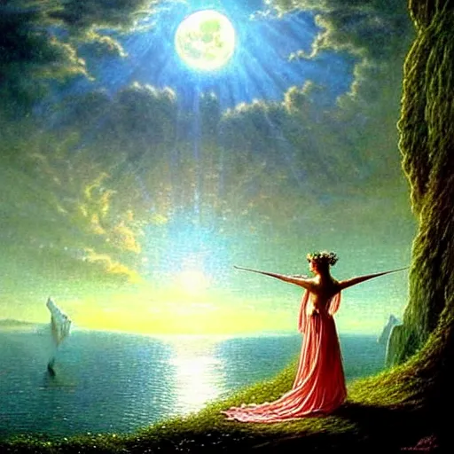 Prompt: an elegant fairy queen in a blue lace dress dancing looking out at a lord of the rings scenery landscape, staring across the sea at a white timber sail boat, evening, god's rays highly detailed, vivid colour, soft clouds, full moon, cinematic lighting, perfect composition, gustave dore, derek zabrocki, greg rutkowski, belsinski