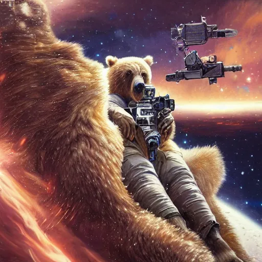 Image similar to detailed science - fiction character portrait of a grizzly bear shooting a machine gun in space, intricate, wild, highly detailed, digital painting, artstation, concept art, smooth, sharp focus, illustration, art by artgerm and greg rutkowski and alphonse mucha