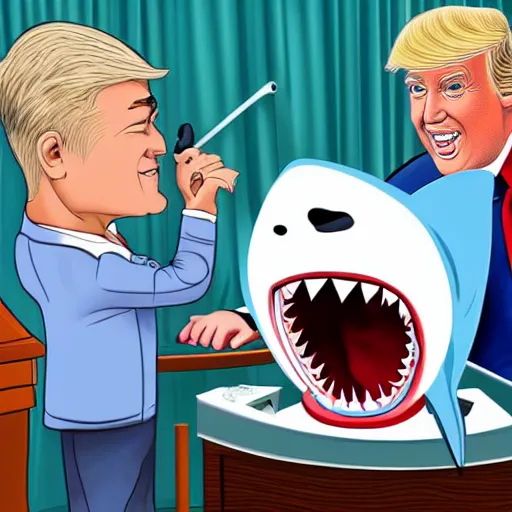 Prompt: cartoon shark having dental work in the dentist chair by president trump in the Oval Office