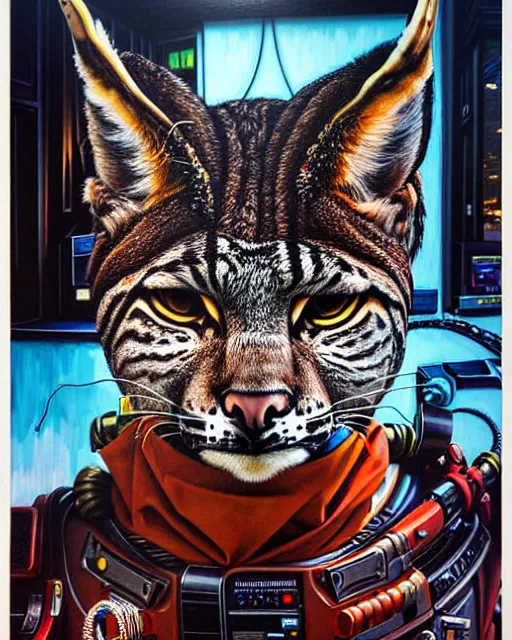 Image similar to a portrait of an anthropomorphic cyberpunk bobcat by sandra chevrier, by jon foster, detailed render, tape deck, epic composition, cybernetics, 4 k realistic, cryengine, realistic shaded lighting, sharp focus, masterpiece, by enki bilal