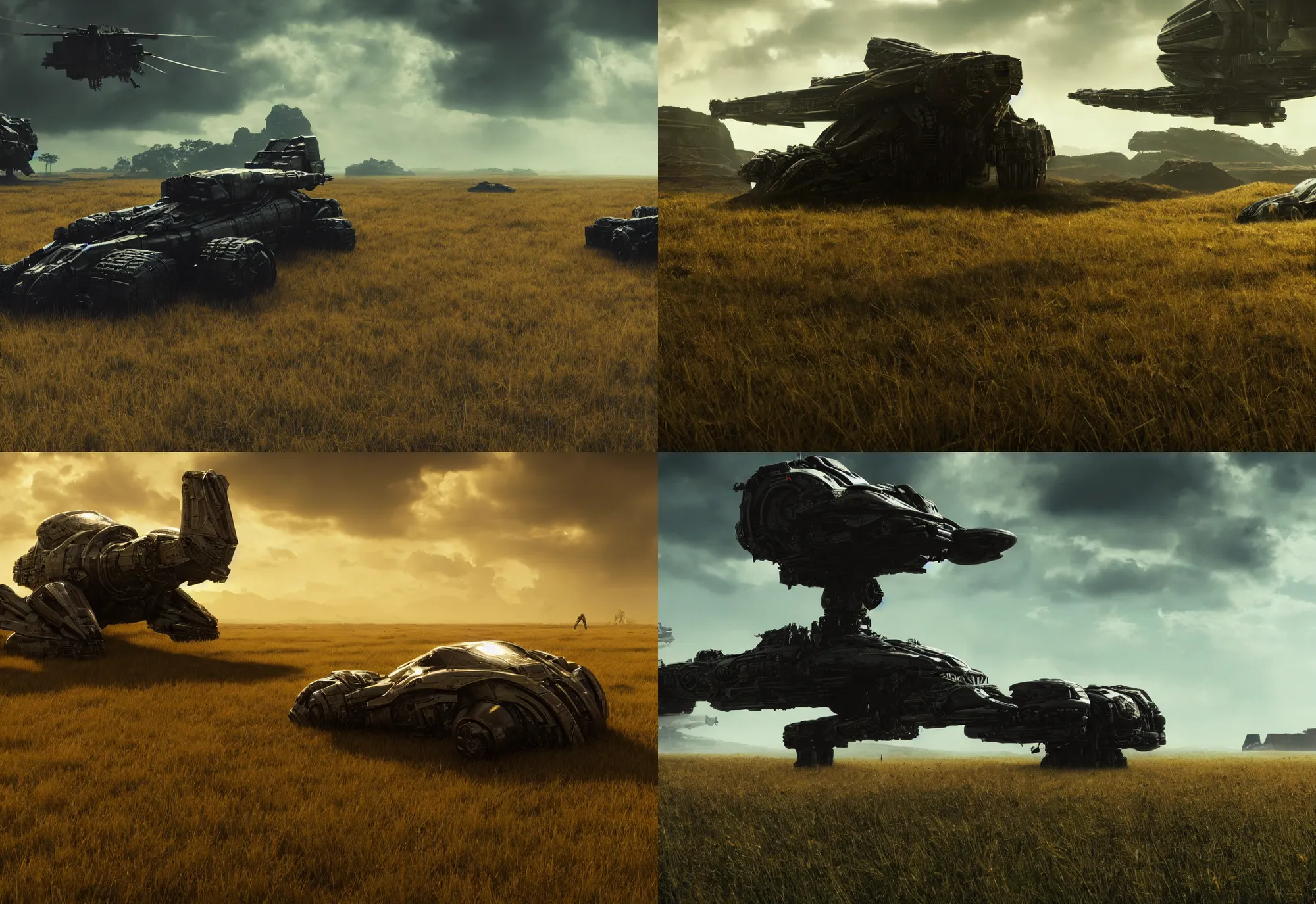 Prompt: neil blomkamp film landscape, trending on artstation, hyper realistic, cinematic, perfect composition, golden ratio, extreamly detailed, detailed grass, detailed crash space ship, detailed sky, physical correct lgiht and shadow, photorealistic, octane render 8 k,