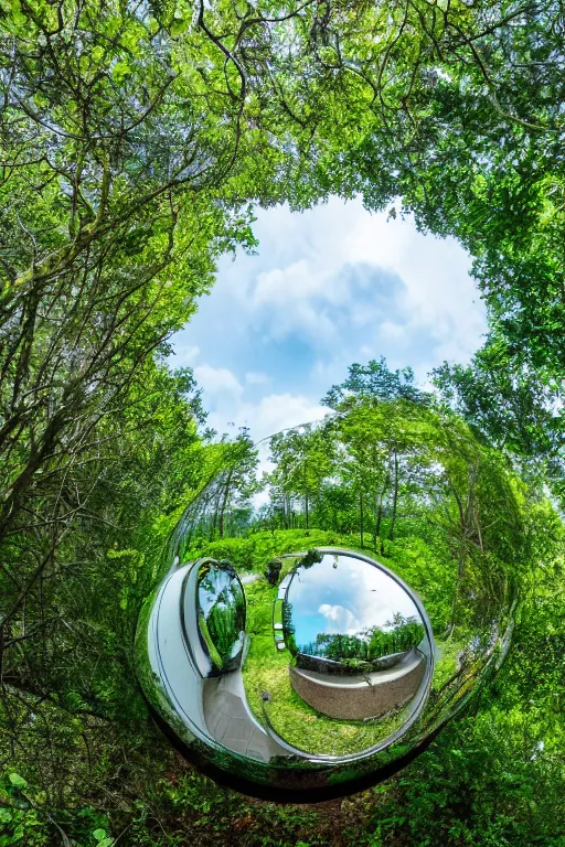 Image similar to a mirror sphere sitting in a lush forest