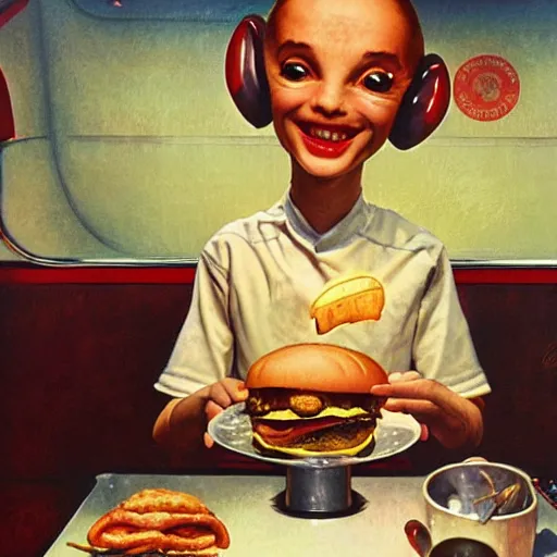 Image similar to beautiful cute alien, eating a cheeseburger, at a 5 0 s diner, painted by norman rockwell, greg rutkowski, john howe, wlop, artgerm