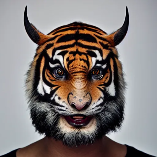 Image similar to a demon inspired by tigers created by the make up artist hungry, photographed by andrew thomas huang, cinematic, expensive visual effects