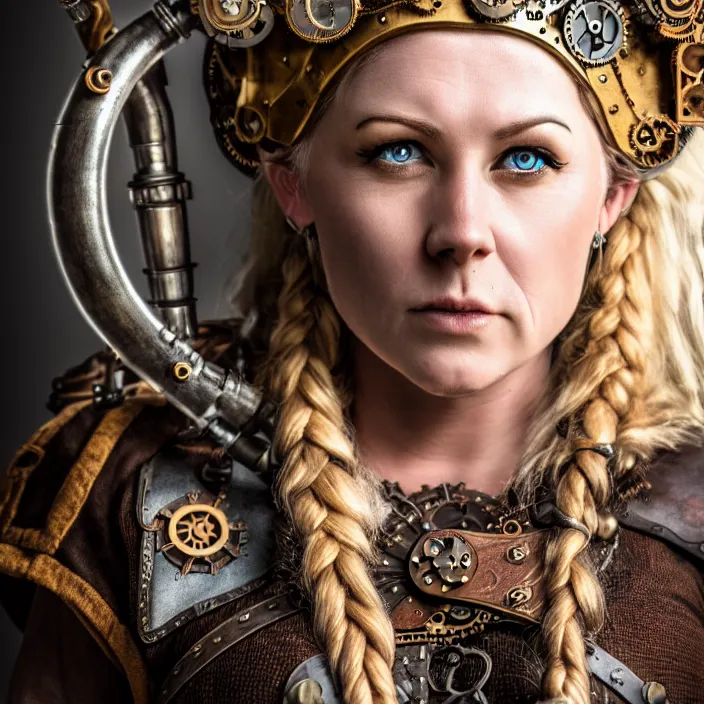 Image similar to portrait photograph of a real-life female steampunk viking, Extremely detailed. 8k