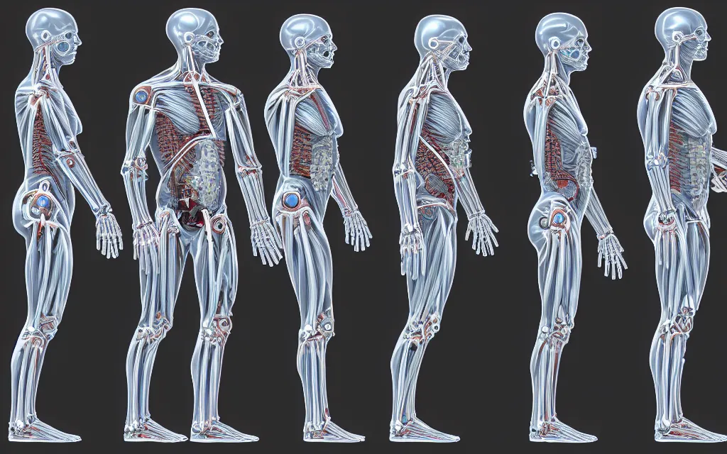 Image similar to diagram of cyborg humans'future biomechanical evolution, scientific anatomical diagram