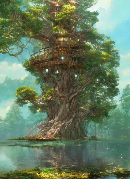 Image similar to A beautiful digital painting of an enormous treehouse, crystal lake by Stanley Artgerm Lau, Rossdraws, James Jean, gerald brom, Andrei Riabovitchev, Marc Simonetti, and Sakimichan, trending on artstation