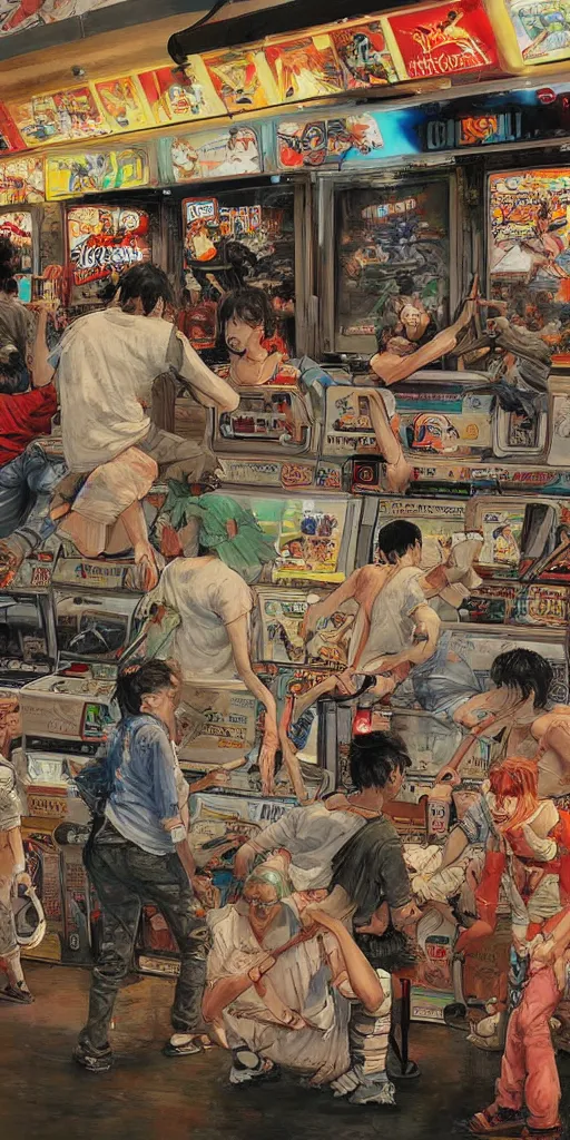 Image similar to oil painting scene from amusement arcade by kim jung gi