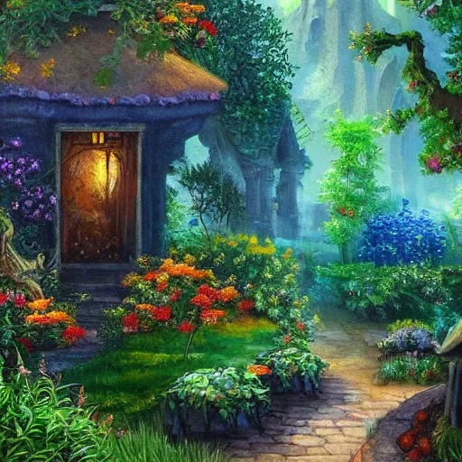 Prompt: garden in an elven village, fantasy, oil painting, ethereal