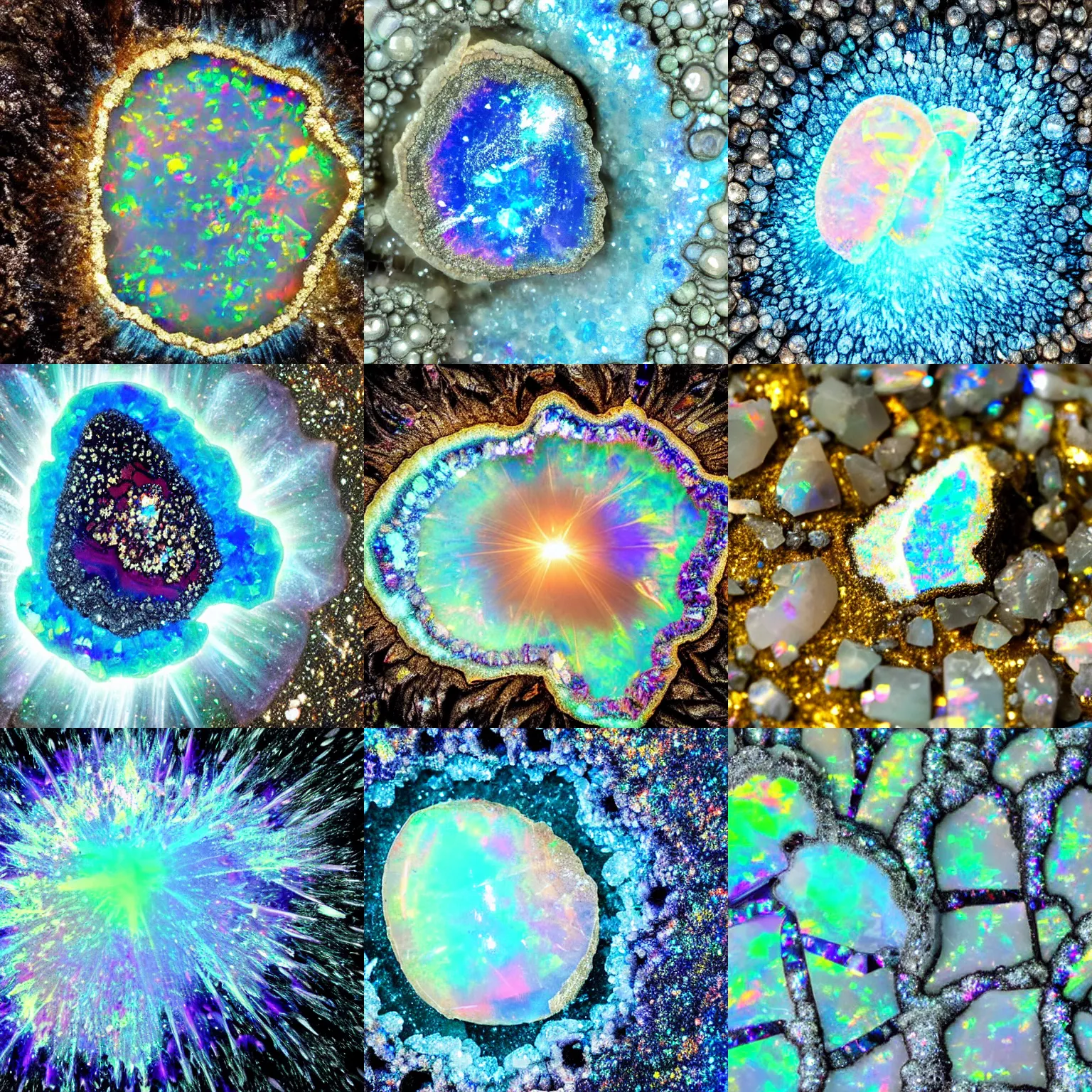 Prompt: opal geode exploding with crystals in a rocky cave close up sparkling iridescent fractals debris