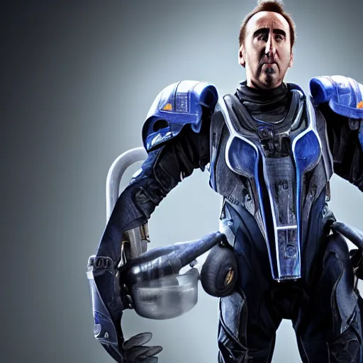 Prompt: Nicolas Cage wearing Powered Combat Suit in Starcraft, promo shoot, studio lighting