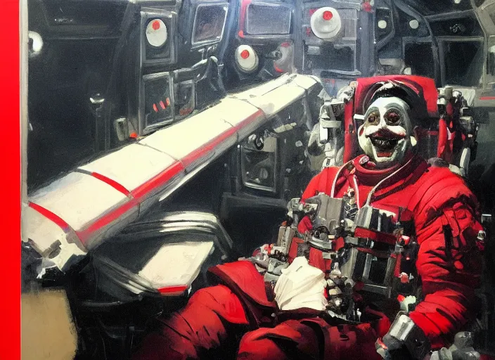 Image similar to a highly detailed beautiful portrait of a clown in full red tactical gear on a space station, by gregory manchess, james gurney, james jean