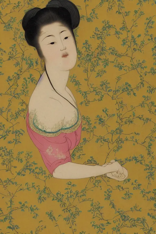 Image similar to an asian woman emerges from 1 9 th century yellow wallpaper decorated with sensual feminine faces by charles walter stetson