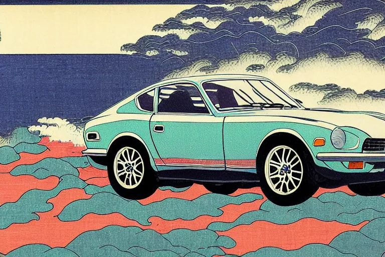 Image similar to ukiyo - e painting of a 1 9 7 5 datsun 2 4 0 z