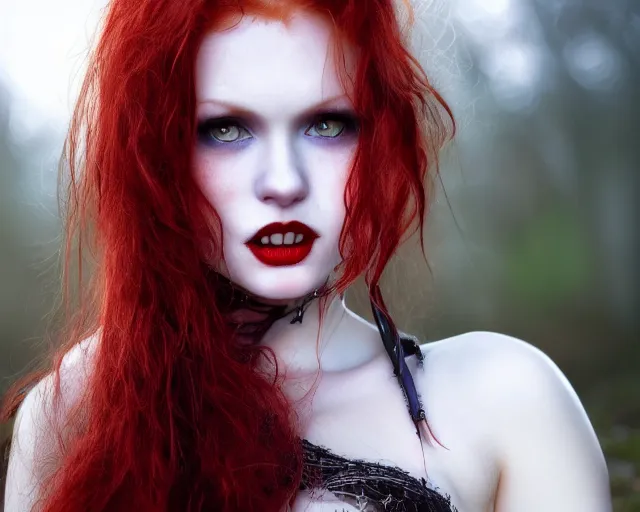 Image similar to award winning 5 5 mm close up face portrait photo of an anesthetic and beautiful redhead vampire lady who looks directly at the camera with bloodred wavy hair, intricate eyes that look like gems and long sharp fangs, in a park by luis royo. rule of thirds.