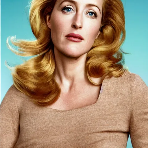 Prompt: photo of a gorgeous Gillian Anderson long flowing hairstyle in an enchanted meadow by Mario Testino, detailed, distance shot, award winning, Sony a7R