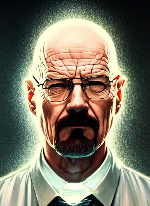 Image similar to symmetry portrait of walter white, glowing lights intricate, elegant, highly detailed, digital painting, artstation, concept art, smooth, sharp focus, illustration, art by artgerm and greg rutkowski and alphonse mucha