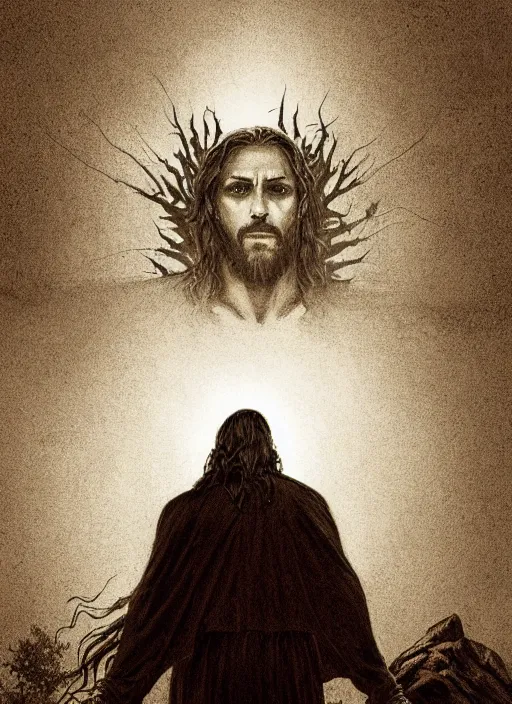 Prompt: Jesus with fire in his eyes, dark colors, sinister atmosphere, dramatic lighting, cinematic, establishing shot, extremely high detail, photo realistic, cinematic lighting, pen and ink, intricate line drawings, by Kohei Horikoshi, post processed, concept art, artstation, matte painting, style by eddie mendoza, raphael lacoste, alex ross