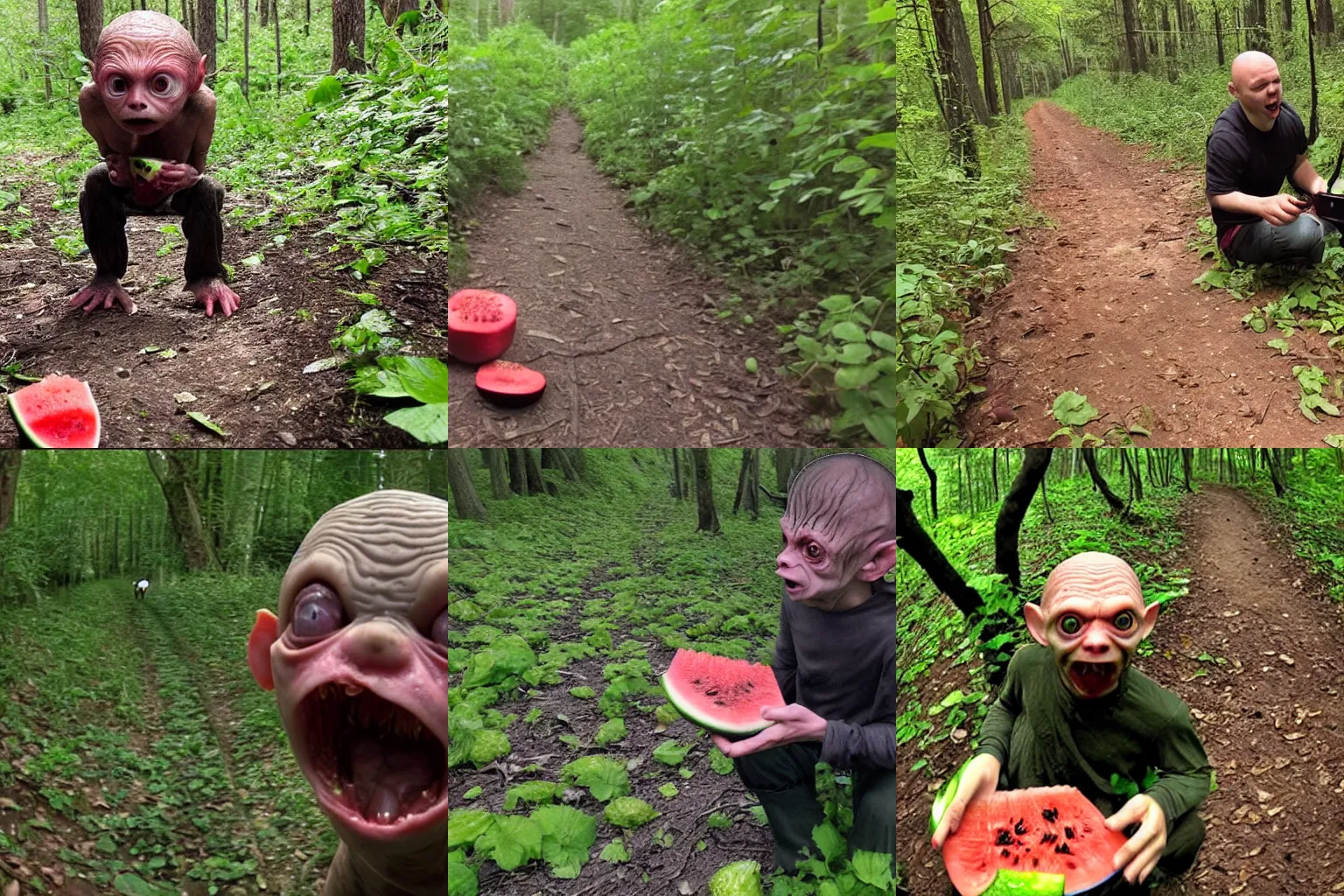 Prompt: Golum eating watermelon trail cam footage