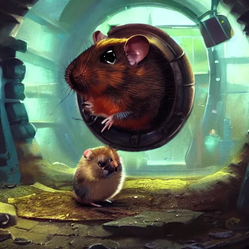 Image similar to oil painting of anthropomorphized hamster looking at shiny ruby, steampunk clothes, close shot, full body, dark steampunk mine shaft background, sharp focus, fantasy style, octane render, volumetric lighting, 8k high definition, by greg rutkowski, highly detailed, trending on art Station, dungeons and dragons artwork, centered