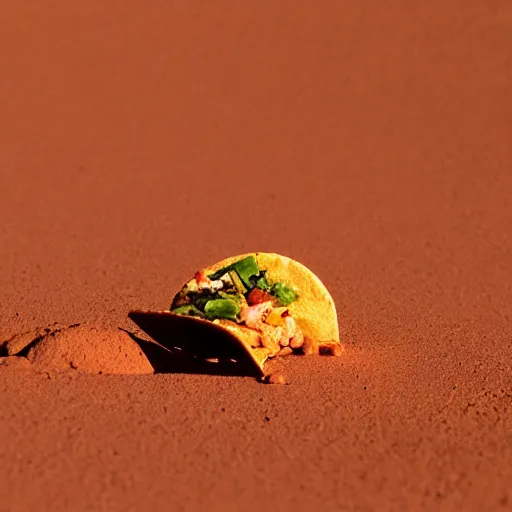 Image similar to a lonely taco on mars, photograph, red lighting, taco,