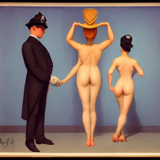 Image similar to an exotic dancer shows you her police badge by Raphael, Hopper, and Rene Magritte. detailed, romantic, enchanting, trending on artstation.