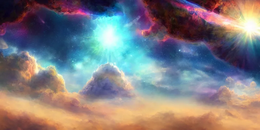 Image similar to Cosmic inflation bubbles peaking through the clouds, ascended master floating in the center emitting rays of consciousness concept art, matte painting, 8k, highly detailed, artstation, fluffy clouds, high quality,