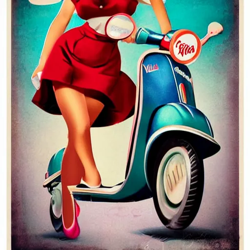 Prompt: vespa scooter, pinup girl, retro poster