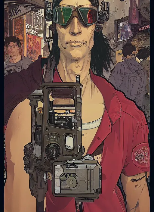 Image similar to cyberpunk soda salesman. portrait by ashley wood and alphonse mucha and laurie greasley and josan gonzalez and james gurney. spliner cell, apex legends, rb 6 s, hl 2, d & d, cyberpunk 2 0 7 7. realistic face. dystopian setting.