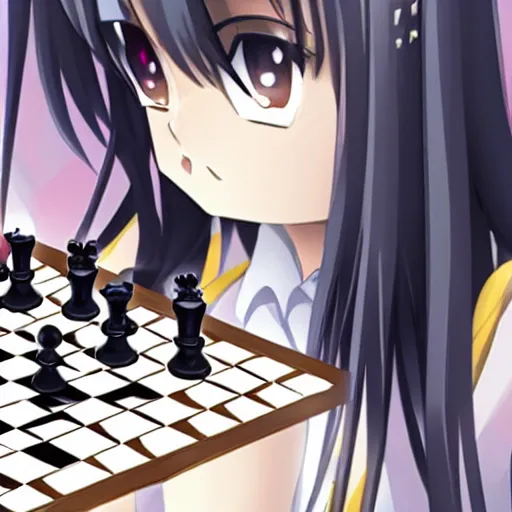 Image similar to anime portrait of long black hair anime girl pondering next to a chess set, cute, official art