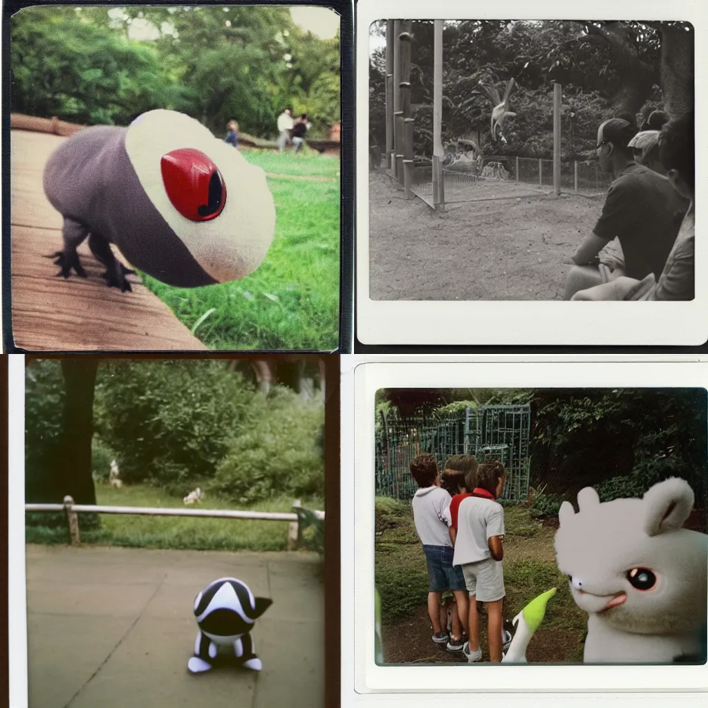 Prompt: A polaroid photo of a pokemon in a Zoo being watched by visitors