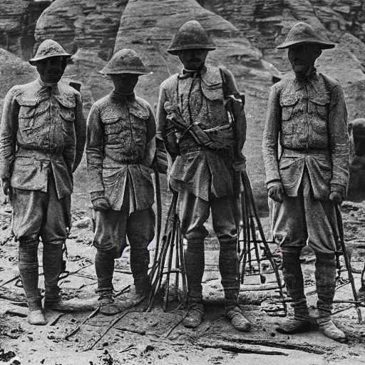 Image similar to ultra detailed photorealistic sepia - toned photograph from 1 9 1 7, three british soldiers standing at an archaeological dig site in wadi rum, ultra realistic, painted, intricate details, lovecraft, atmospheric, dark, horror, brooding, highly detailed, by clyde caldwell