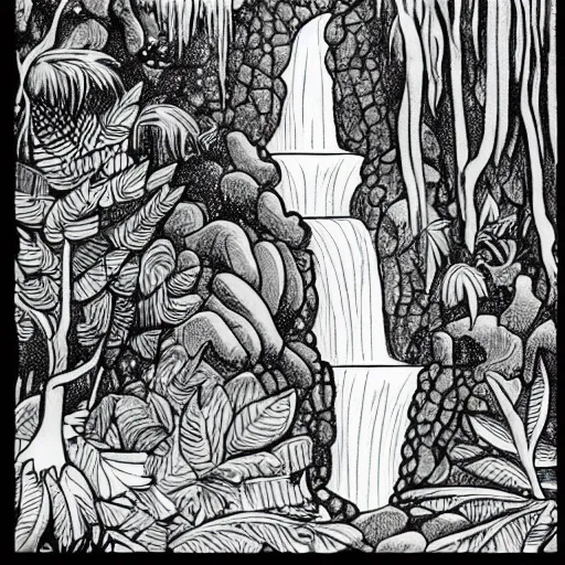 Image similar to an adult coloring page of a waterfall in the enchanted forest