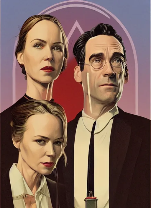 Image similar to poster artwork by Michael Whelan and Tomer Hanuka, Karol Bak of Naomi Watts & Jon Hamm husband & wife portrait, in the pose of American Gothic, from scene from Twin Peaks, clean, simple illustration, nostalgic, domestic, full of details