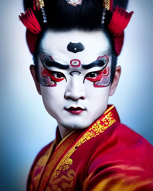 Image similar to photo of a Dramatic Peking Opera male character wearing elaborate makeup with Hindi script words painted on face in the style of stefan kostic, realistic, sharp focus, symmetric, 8k high definition, insanely detailed, intricate, elegant, art by stanley lau and artgerm, William-Adolphe Bouguereau