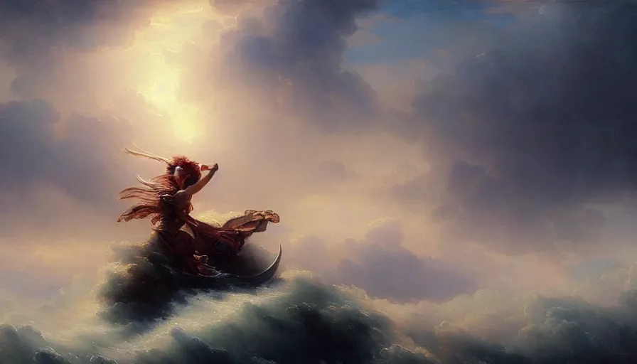 Image similar to 8 k art photography shot art shot, hyperrealistic, hyperdetailed, super detailed, uhd, uhd, 8 k, high resolution, goddess of war floating over the oceans with baroque clouds, painting by ross tran and ivan aivazovsky