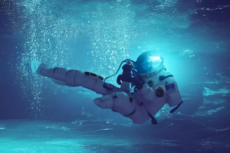 Image similar to astronaut underwater in the ocean at night, volumetric lighting, glowing lights, 4k, octane, unreal engine,