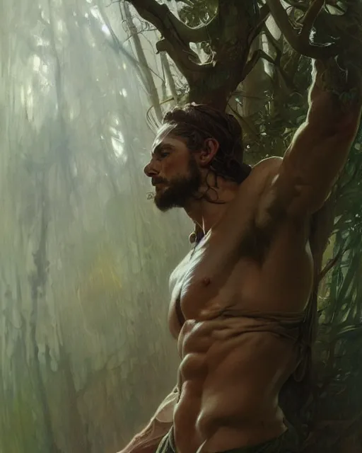 Image similar to god of the forest, male, detailed face, muscular, intricate, highly detailed, digital painting, artstation, concept art, sharp focus, illustration, art by greg rutkowski and alphonse mucha