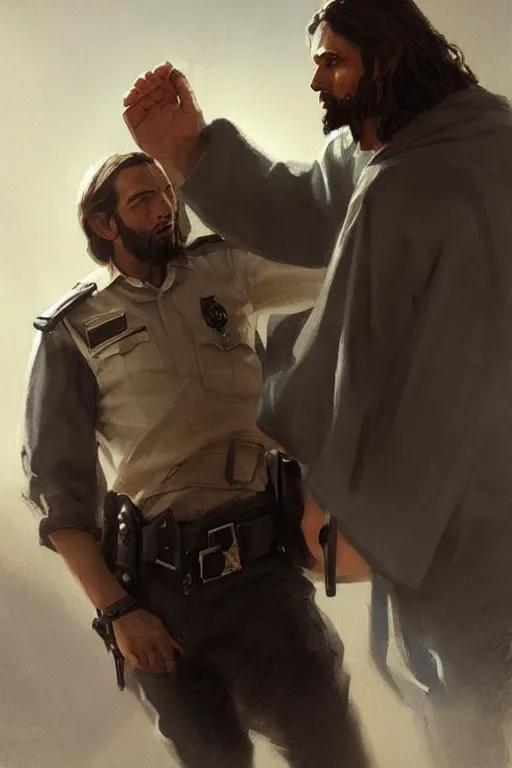 Image similar to jesus christ arresting a police officer, style of greg rutkowski