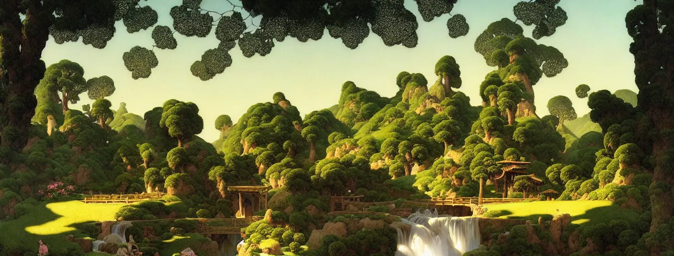 Prompt: a gorgeous landscape painting by barlowe wayne maxfield parrish and marco mazzoni. early spring morning. bench terrace. close - up shot on hyper detailed trees has just sprouted!! tyndall effec, light effect. chinese village. china waterwheel. the winding steps, waterfall from the mountain. ultra clear detailed. highly detailed, 3 d, octane render.