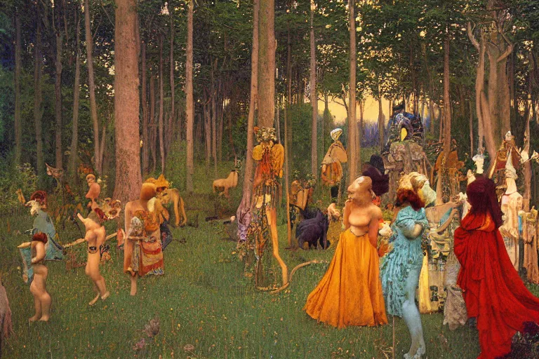 Prompt: autochrome of a midsummernight's dream renaissance forest festival at sunset with masks of wolves and sheep in the style of, jugendstil, alma tadema, vaughn bode and maxfield parrish, maurice sendak and arzach by moebius