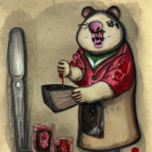 Prompt: an immortal dead hamster in a butcher's suit with an evil face, in an apron covered in blood, holding cleavers in his hands. the hamster has 4 arms. front view. old painting sketch