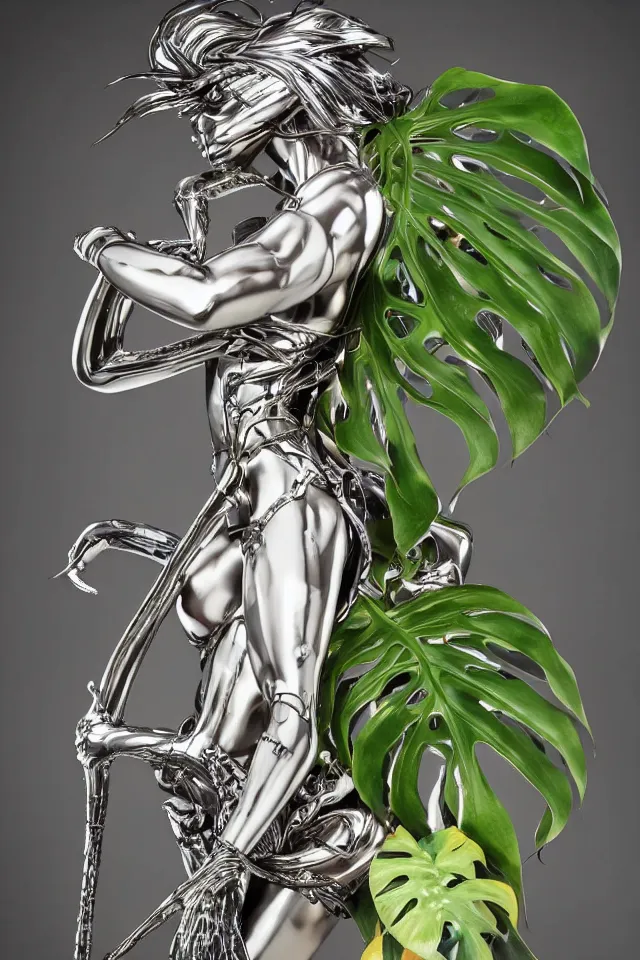 Image similar to extreme close - up of a chrome cyborg nymph vinetria statue with long flowing hair wrestling with a giant flamingo, tropical monstera medinilla magnifica flower plants, thick pigmented smoke, by jeff koons, hajime soryama, boris vallejo, artgerm, greg rutkowski, alphonse mucha