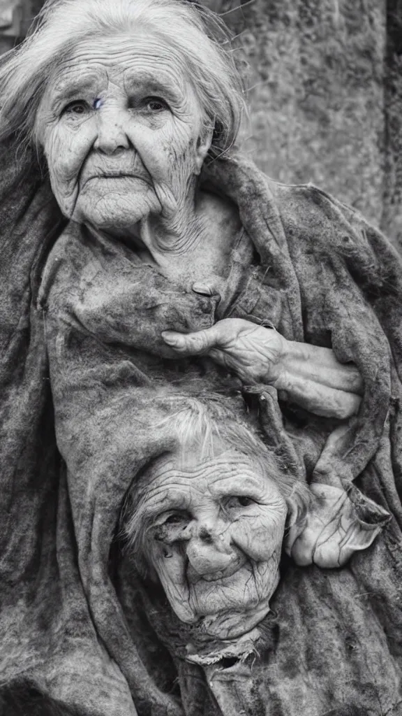 Prompt: realistic black and white old photo of a giant very old woman on destroyed city, short dof, extremely cute, large head, hyper realistic, minutely detailed
