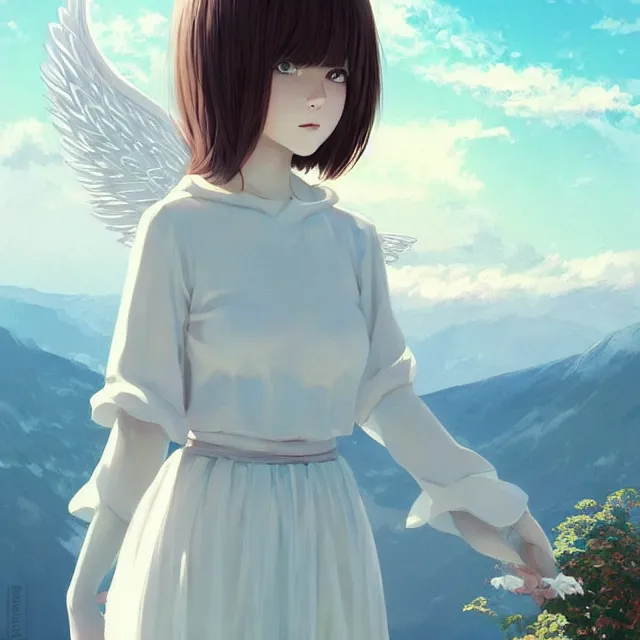 Image similar to infinitely detailed full - body portrait pale female peaceful dream angel wearing elegant clothes. beautiful! scenery art! by wlop & murata range, by ilya kuvshinov. artstation!! / pixiv!!