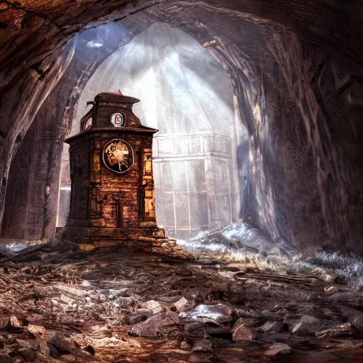 Image similar to an abandoned old rusty clocktower in a dark enormous cave, Low level, digital art, unreal engine, WLOP, trending on artstation, 4K UHD image, octane render dynamic lighting, cinematic, establishing shot, extremely high detail, photo realistic, cinematic lighting, watercolor, intricate line drawings, 8k resolution